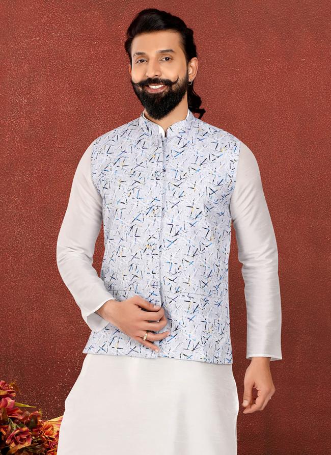 Cotton Print White Festival Wear Embroidery Work Readymade Men's Waist Coat